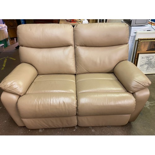 22 - TWO MUSHROOM LEATHER RECLINING TWO SEATER SOFAS