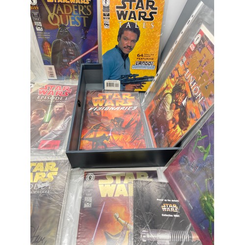 485 - A4 FILE BOX OF STAR WARS LUCAS BOOKS SOME WITH CARTOON AND ILLUSTRATOR SIGNATURES, BOUNTY HUNTERS, V... 