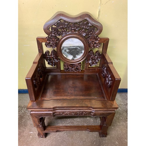 148 - PAIR OF CHINESE CARVED HARDWOOD ELBOW CHAIRS WITH VARIEGATED MARBLE ROUNDEL PANEL BACKS AND SOLID SE... 