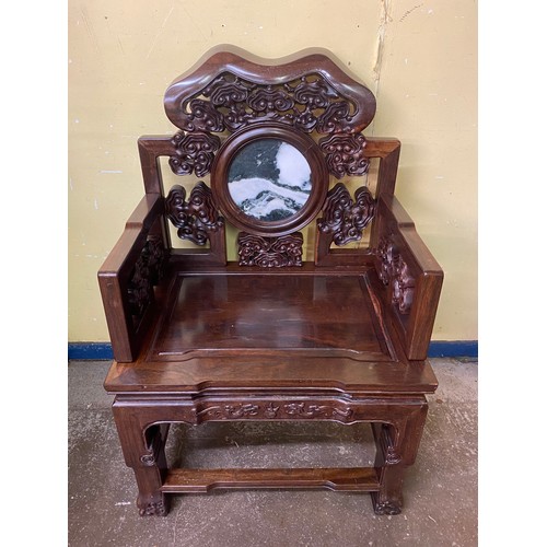 148 - PAIR OF CHINESE CARVED HARDWOOD ELBOW CHAIRS WITH VARIEGATED MARBLE ROUNDEL PANEL BACKS AND SOLID SE... 