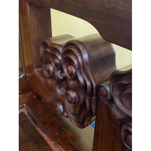 148 - PAIR OF CHINESE CARVED HARDWOOD ELBOW CHAIRS WITH VARIEGATED MARBLE ROUNDEL PANEL BACKS AND SOLID SE... 