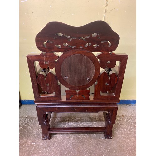 148 - PAIR OF CHINESE CARVED HARDWOOD ELBOW CHAIRS WITH VARIEGATED MARBLE ROUNDEL PANEL BACKS AND SOLID SE... 