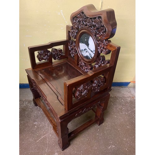 148 - PAIR OF CHINESE CARVED HARDWOOD ELBOW CHAIRS WITH VARIEGATED MARBLE ROUNDEL PANEL BACKS AND SOLID SE... 