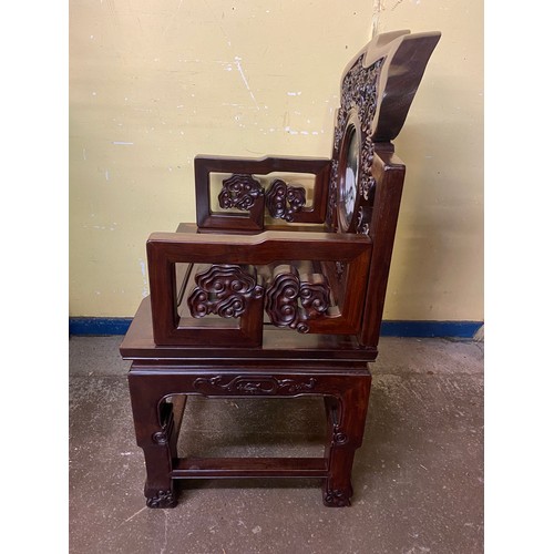 148 - PAIR OF CHINESE CARVED HARDWOOD ELBOW CHAIRS WITH VARIEGATED MARBLE ROUNDEL PANEL BACKS AND SOLID SE... 