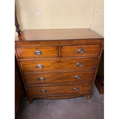 109 - EARLY 19TH CENTURY MAHOGANY CROSS BANDED AND BOX WOOD LINE INLAID TWO OVER THREE DRAWER CHEST ON BRA... 