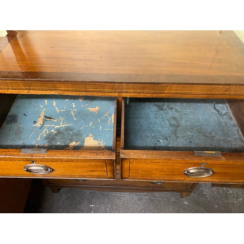 109 - EARLY 19TH CENTURY MAHOGANY CROSS BANDED AND BOX WOOD LINE INLAID TWO OVER THREE DRAWER CHEST ON BRA... 