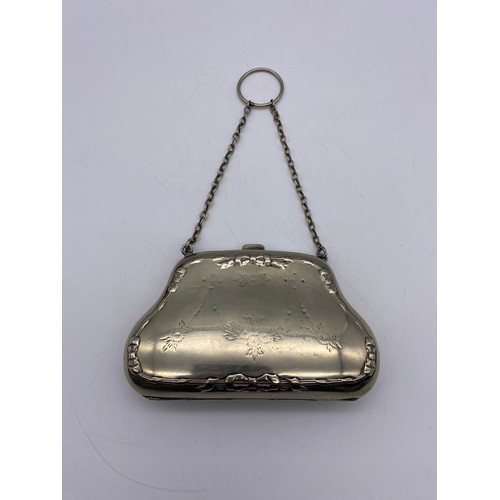 534 - EPNS ENGRAVED FINGER PURSE WITH LEATHER COMPARTMENTS