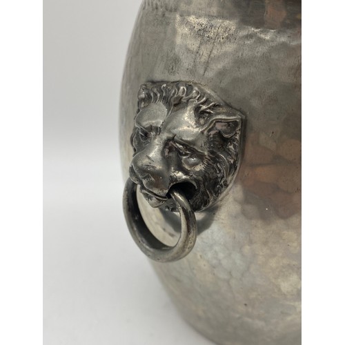 510 - TUDRIC PEWTER TOBACCO JAR WITH LIONS HEAD RING HANDLES HEIGHT 17CM APPROX