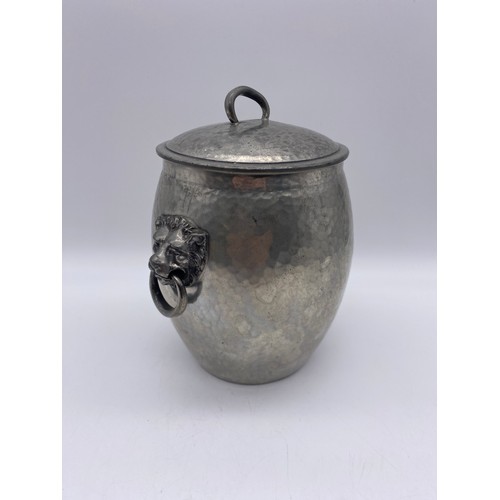 510 - TUDRIC PEWTER TOBACCO JAR WITH LIONS HEAD RING HANDLES HEIGHT 17CM APPROX