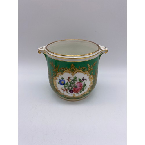 452 - DRESDEN APPLE GREEN PAINTED CACHE POT, AND 19TH CENTURY CERAMIC CHAMBER STICK