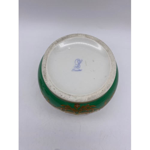 452 - DRESDEN APPLE GREEN PAINTED CACHE POT, AND 19TH CENTURY CERAMIC CHAMBER STICK