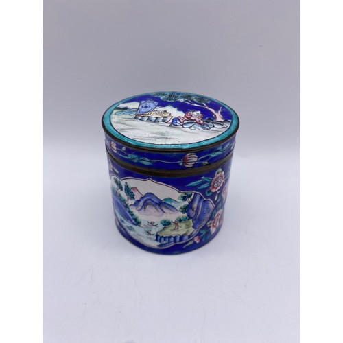 450 - ORIENTAL CLOISONNE ENAMEL CYLINDRICAL BOX, BOWL AND PIN DISH AND AN AUSTRIAN ENAMEL DISH