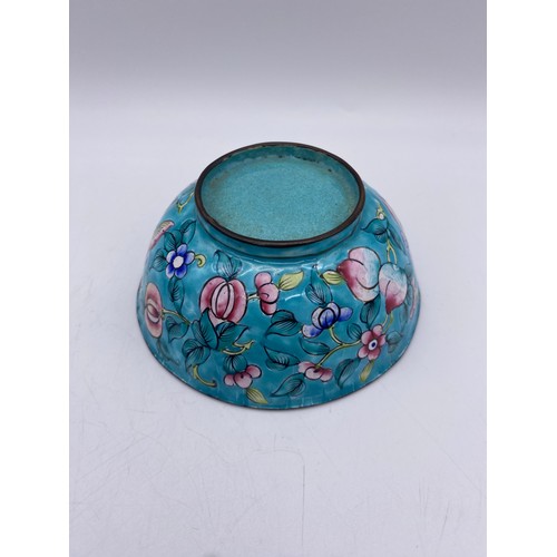 450 - ORIENTAL CLOISONNE ENAMEL CYLINDRICAL BOX, BOWL AND PIN DISH AND AN AUSTRIAN ENAMEL DISH