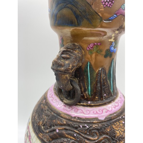 488 - CHINESE CRACKLE GLAZED BALUSTER VASE WITH MASK HANDLES PAINTED WITH FIGURES ON HORSEBACK HEIGHT 38CM... 