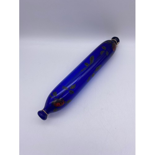 512 - BRISTOL BLUE AND PAINTED GLASS ROLLING PIN