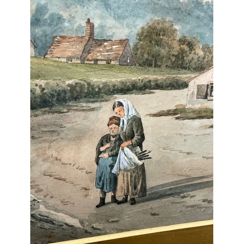 605 - HENRY MAGENIS 19TH CENTURY WATER COLOUR FIGURES ON A LANE BEFORE A COTTAGE SIGNED AND DATED 89 FRAME... 