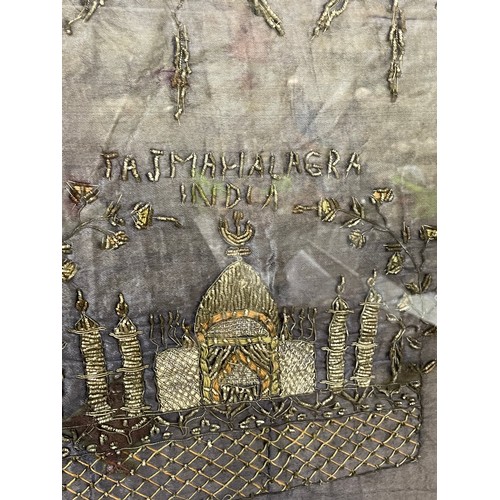 613 - SILVER AND OTHER THREAD WORKED PICTURE PANEL OF THE TAJ MAHALAGRA INDIA FRAMED AND GLAZED 62CM X 60C... 