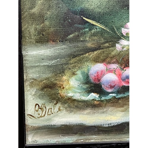 612 - L. DALE OILS ON CANVAS STILL LIFE PINEAPPLE AND VARIOUS FRUITS A PAIR SIGNED FRAMED AND GLAZED 37CM ... 