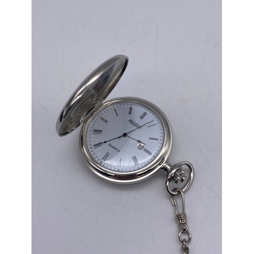 544 - BOXED JEAN PIERRE OF SWITZERLAND PLATED FULL HUNTER POCKET WATCH ON PLATED ALBERT CHAIN