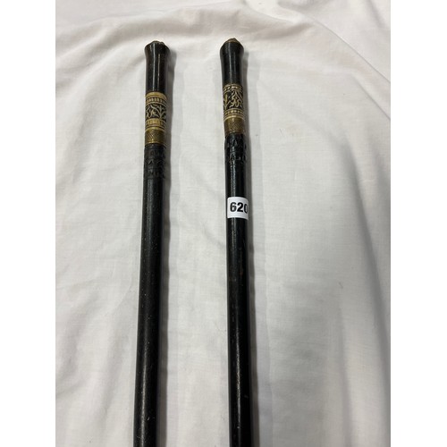 620 - PAIR OF INDIAN EBONISED AND BONE SWORD STICKS BLADE IS 75CM APPROX