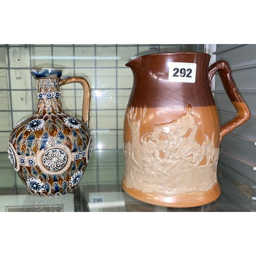 292 - ROYAL DOULTON STONEWARE EQUESTRIAN HUNT JUG, AND A LAMBETH DOULTON 1876 STONEWARE BALUSTER JUG