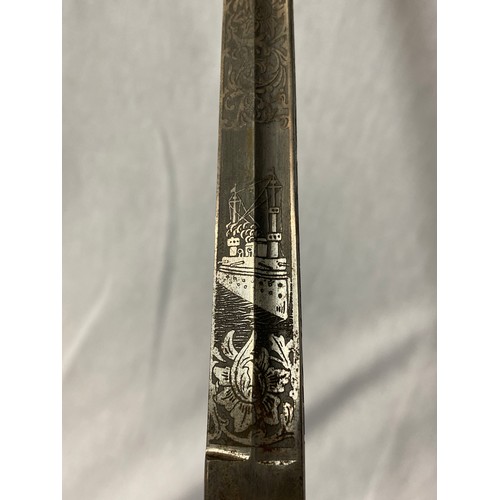 623 - NAVAL DRESS SWORD WITH A CARL EICKHORN SOLINGEN ETCHED DAMASCENED FULLERED BLADE, EAGLES HEADED GILD... 