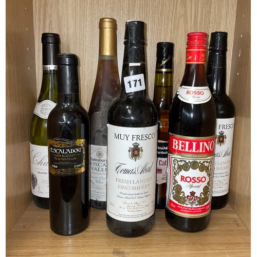 171 - PIGEON HOLE OF VARIOUS WINES, DESSERT WINE, SAUTERNES, AND SOME SPIRIT MINIATURES