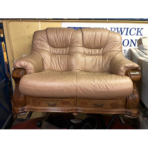 42 - BEIGE LEATHER SHOW FRAME TWO SEATER SOFA