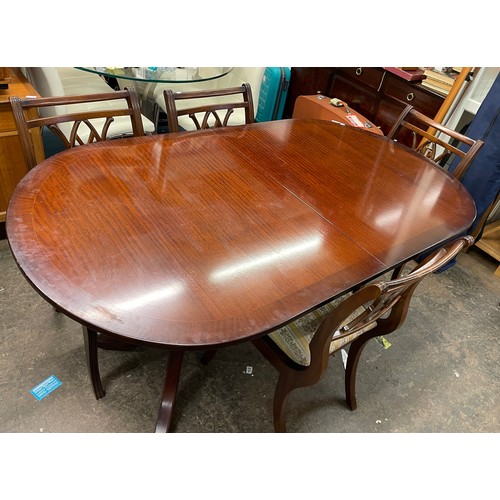 127 - REPRODUCTION MAHOGANY D END DINING TABLE AND SIX REGENCY STYLE CHAIRS