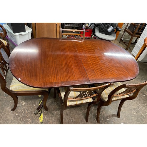 127 - REPRODUCTION MAHOGANY D END DINING TABLE AND SIX REGENCY STYLE CHAIRS