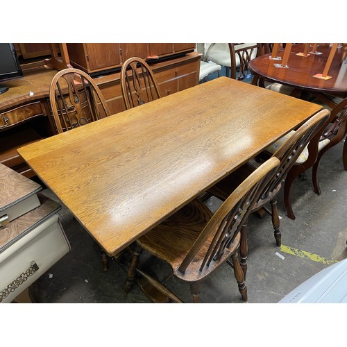 83 - OAK REFECTORY TABLE AND FOUR ELM FIDDLE BACK CHAIRS