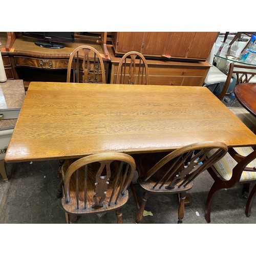 83 - OAK REFECTORY TABLE AND FOUR ELM FIDDLE BACK CHAIRS