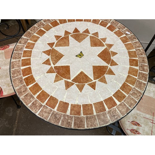 130 - MOSAIC TOP CIRCULAR PATIO TABLE AND TWO FOLDING LATTICE SEAT CHAIRS