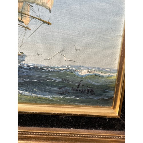 66 - SMALL PAINTING OF SHIP IN ROUGH SEA