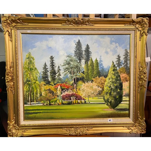 67 - LARGE PAINTING ON CANVAS OF GARDENS SIGNED AND DATED 1984