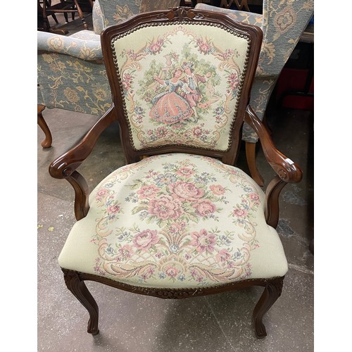 116 - REPRODUCTION FRENCH STYLE ELBOW CHAIR WITH TAPESTRY PANEL COVER