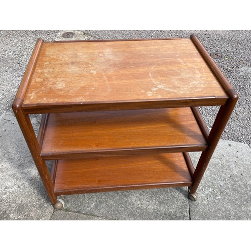 110 - TEAK THREE PLATEAU TROLLEY TABLE