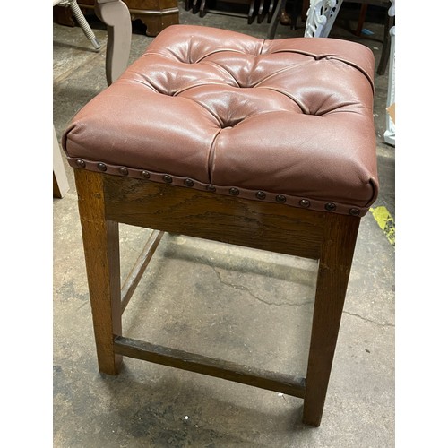 16 - LEATHER UPHOLSTERED STUDDED SQUARE SECTION OAK STOOL