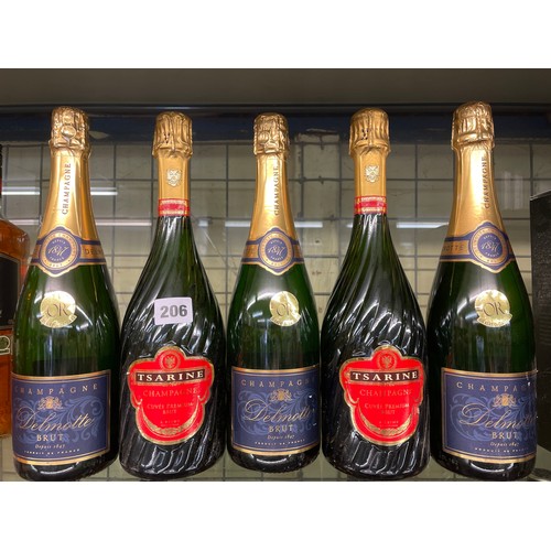 206 - THREE BOTTLES OF DELMOTTE CHAMPAGNE AND TWO TSARINE CHAMPAGNE