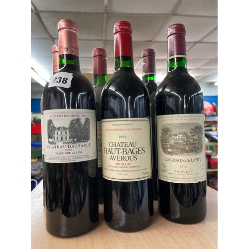 238 - TWO BOTTLES OF VINTAGE WINE CHATEAU DASSAULT 1999, TWO BOTTLES OF CARRUADES DE LAFITE 1996, AND TWO ... 