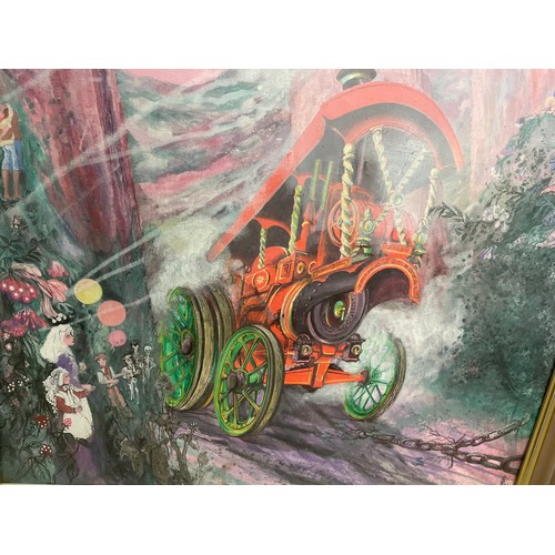 318 - ACRYLICS ON CANVAS ABSTRACT STEAM TRACTION ENGINE FRAMED AND GLAZED