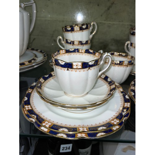 341 - VICTORIAN COURT CHINA BLUE AND GILT RIBBED TEA SERVICE FOR TWELVE