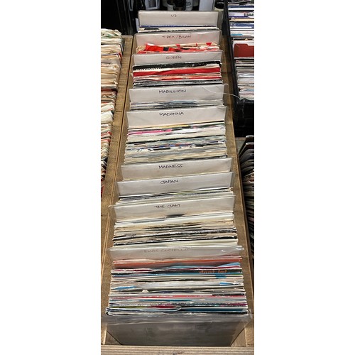 361 - TRAY OF VINYL 45 RECORDS MADNESS, ELVIS COSTELLO, THE JAM, JAPAN, MADONNA, QUEEN, U2