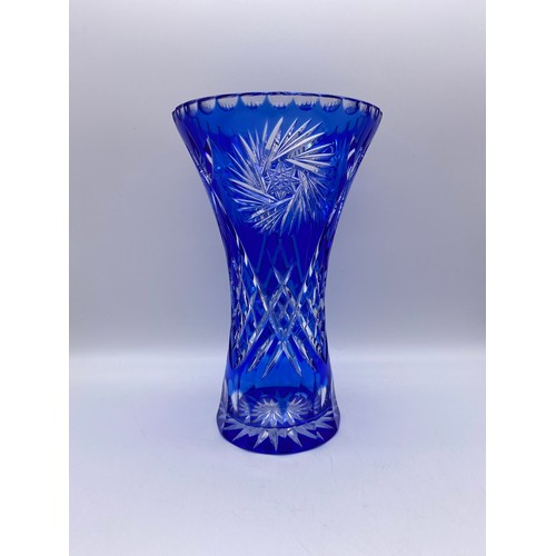 573 - BOHEMIAN COBALT BLUE TAPERED ETCHED VASE