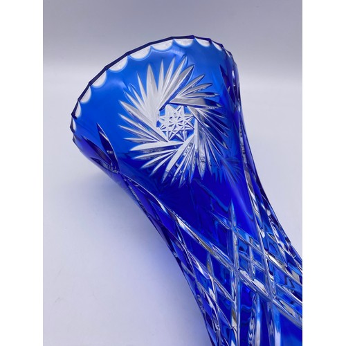 573 - BOHEMIAN COBALT BLUE TAPERED ETCHED VASE