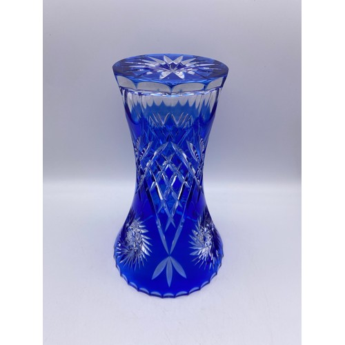 573 - BOHEMIAN COBALT BLUE TAPERED ETCHED VASE