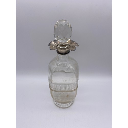 556 - LONDON SILVER MOUNTED GLASS HOBNAIL DECANTER WITH STOPPER