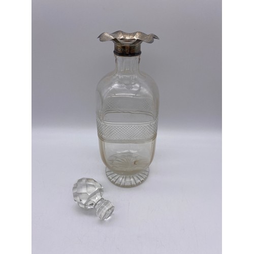 556 - LONDON SILVER MOUNTED GLASS HOBNAIL DECANTER WITH STOPPER