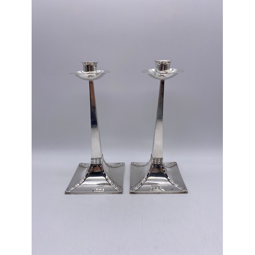 641 - PAIR OF SHEFFIELD SILVER JAMES DIXON ARTS AND CRAFTS TAPERED CANDLE STICKS WITH LOADED BASES 22.7 OZ... 