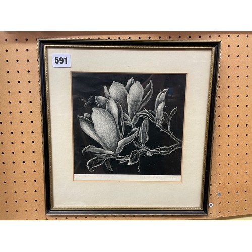 647 - GEORGE F REISS PRINT 21/70 ENTITLED BRANCH OF MAGNOLIA SIGNED AND DATED IN PENCIL 1949 FRAMED AND GL... 